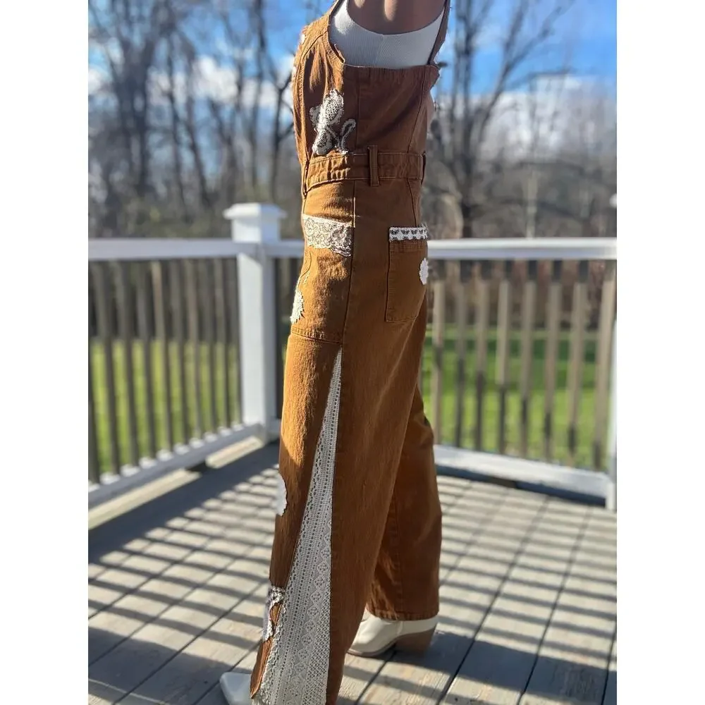 Up-cycles by Ckay | Hand Sewn Lace & Crochet Patchwork Flare Overalls - Picture 5 of 8